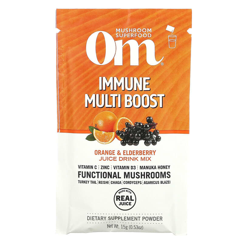 Om Mushrooms, Immune Multi Boost, Orange & Elderberry Juice Drink Mix, 10 Packets, 0.53 oz (15 g) Each 850011996034