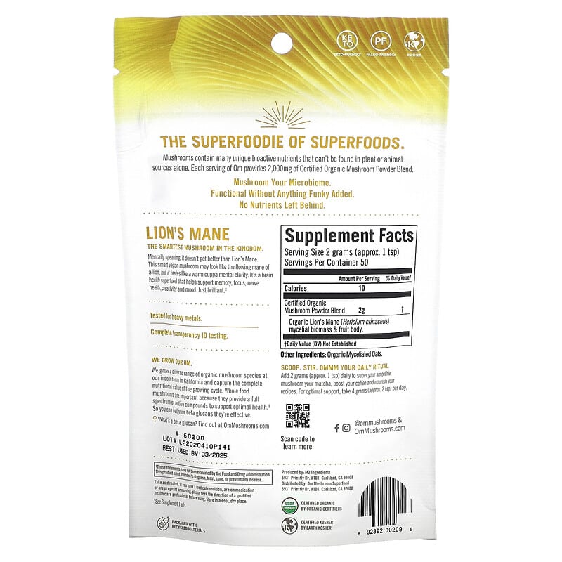 Om Mushrooms, Lion's Mane, Certified Organic Mushroom Powder, 3.5 oz (100 g) 892392002096