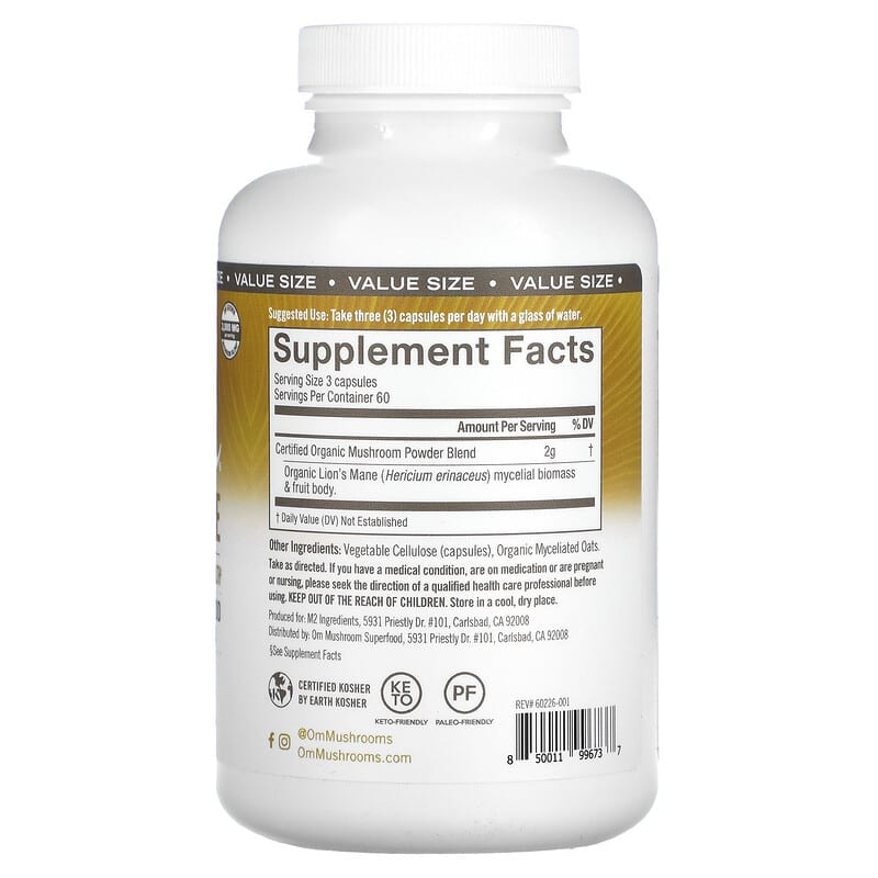 Om Mushrooms, Lion's Mane Mushroom Superfood, 667 mg, 180 Vegetable Capsules 850011996737