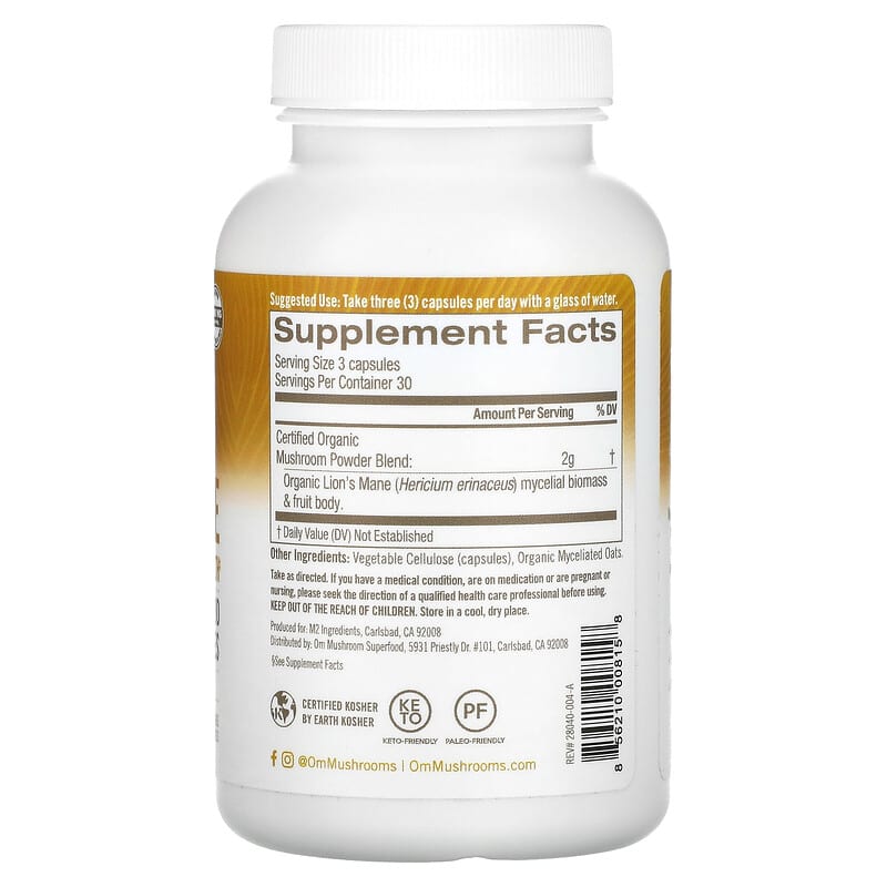 Om Mushrooms, Lions's Mane Mushroom Superfood, 667 mg, 90 Vegetable Capsules 856210008158
