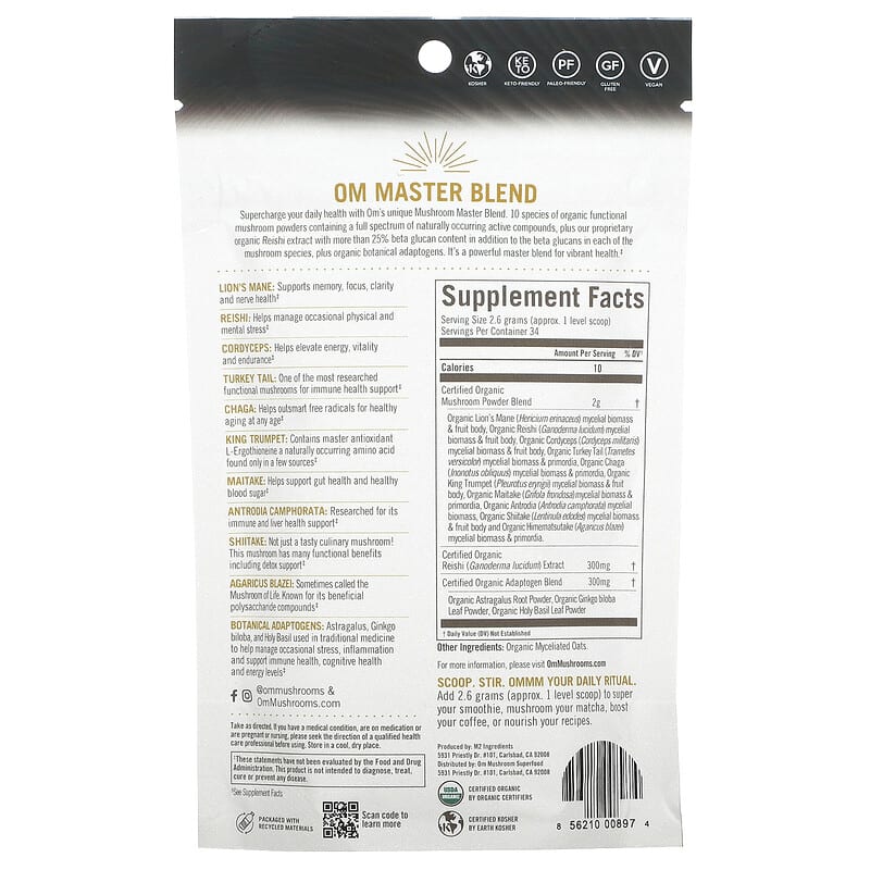 Om Mushrooms, Mushroom Master Blend, 3.17 oz (90 g) 856210008974
