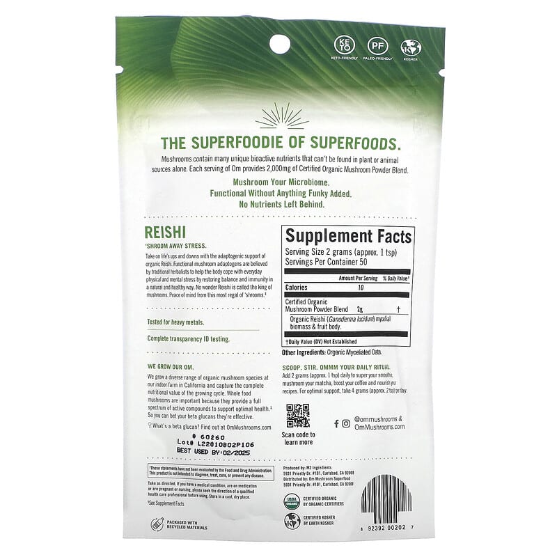 Om Mushrooms, Reishi,  Certified Organic Mushroom Powder, 3.5 oz (100 g) 892392002027