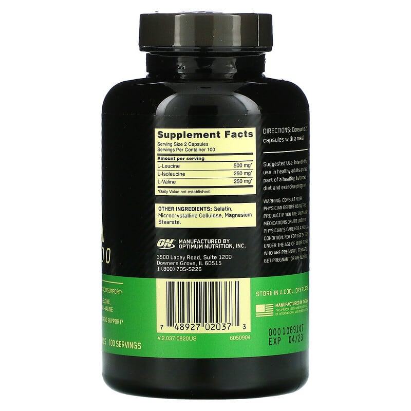 Optimum Nutrition, BCAA 1000, 500 mg, 200 Capsules 748927020373