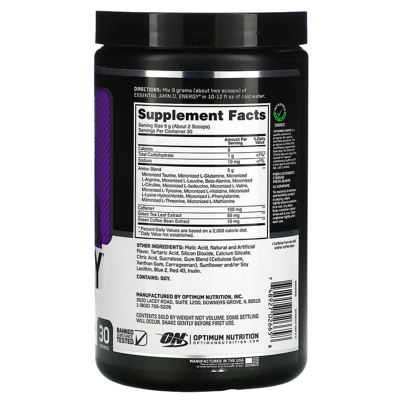 Optimum Nutrition, ESSENTIAL AMIN.O. ENERGY, Concord Grape, 9.5 oz (270 g) 748927026658