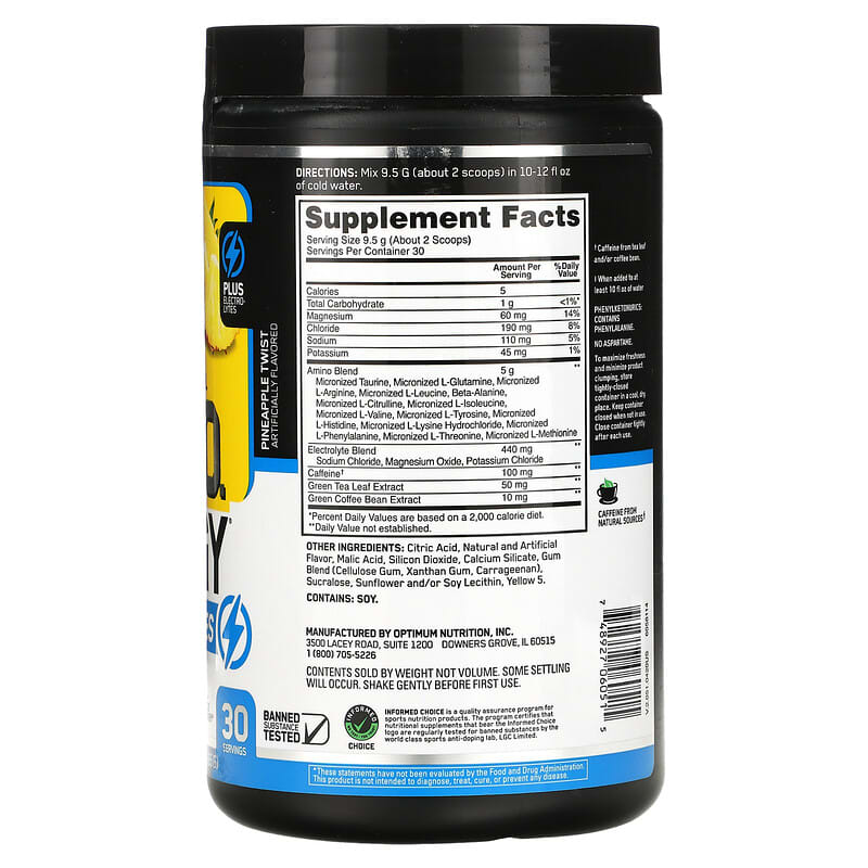 Optimum Nutrition, ESSENTIAL AMIN.O. ENERGY + ELECTROLYTES, Pineapple Twist, 10.05 oz (285 g) 748927060515