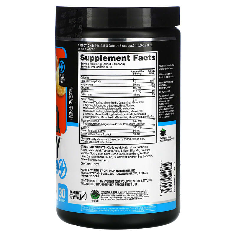 Optimum Nutrition, ESSENTIAL AMIN.O. ENERGY + ELECTROLYTES, Tangerine Wave, 10.05 oz (285 g) 748927060539