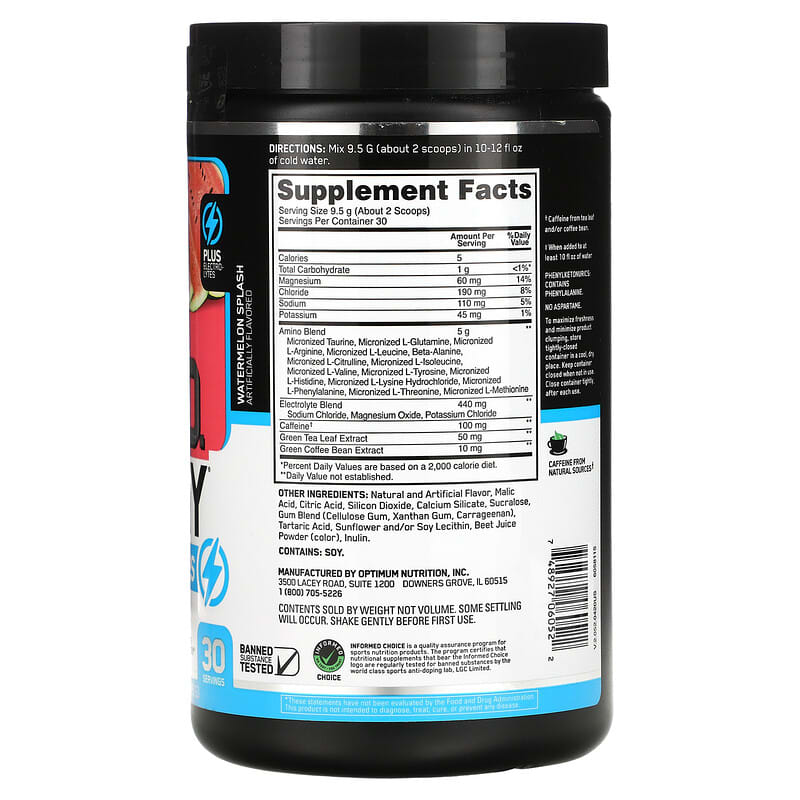 Optimum Nutrition, ESSENTIAL AMIN.O. ENERGY + ELECTROLYTES, Watermelon Splash, 10.05 oz (285 g) 748927060522