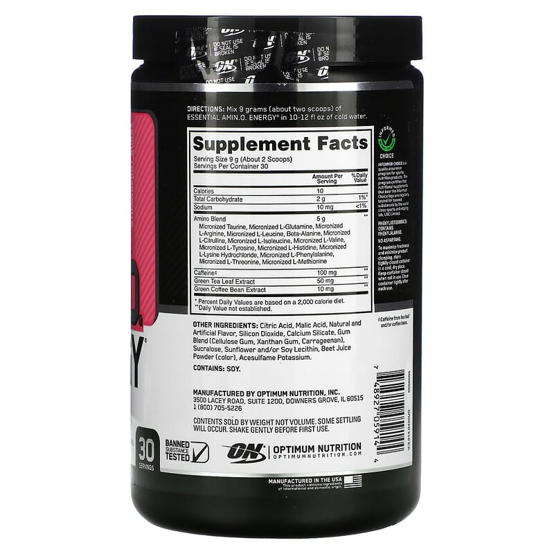 Optimum Nutrition, ESSENTIAL AMIN.O. ENERGY,  Juicy Strawberry Burst, 9.5 oz (270 g) 748927059144