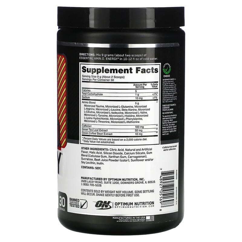 Optimum Nutrition, ESSENTIAL AMIN.O. ENERGY, Strawberry Lime, 9.5 oz (270 g) 748927051698