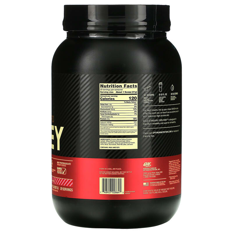 Optimum Nutrition, Gold Standard 100% Whey, Delicious Strawberry, 2 lb (907 g) 748927028645