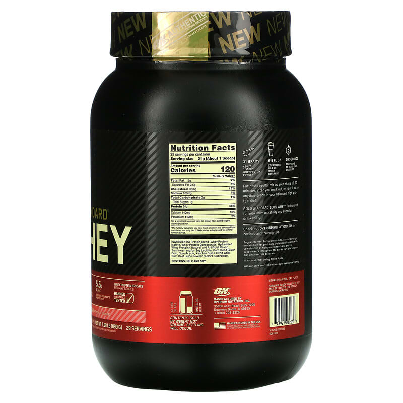 Optimum Nutrition, Gold Standard 100% Whey, Strawberries & Cream, 1.98 lb (899 g) 748927062038