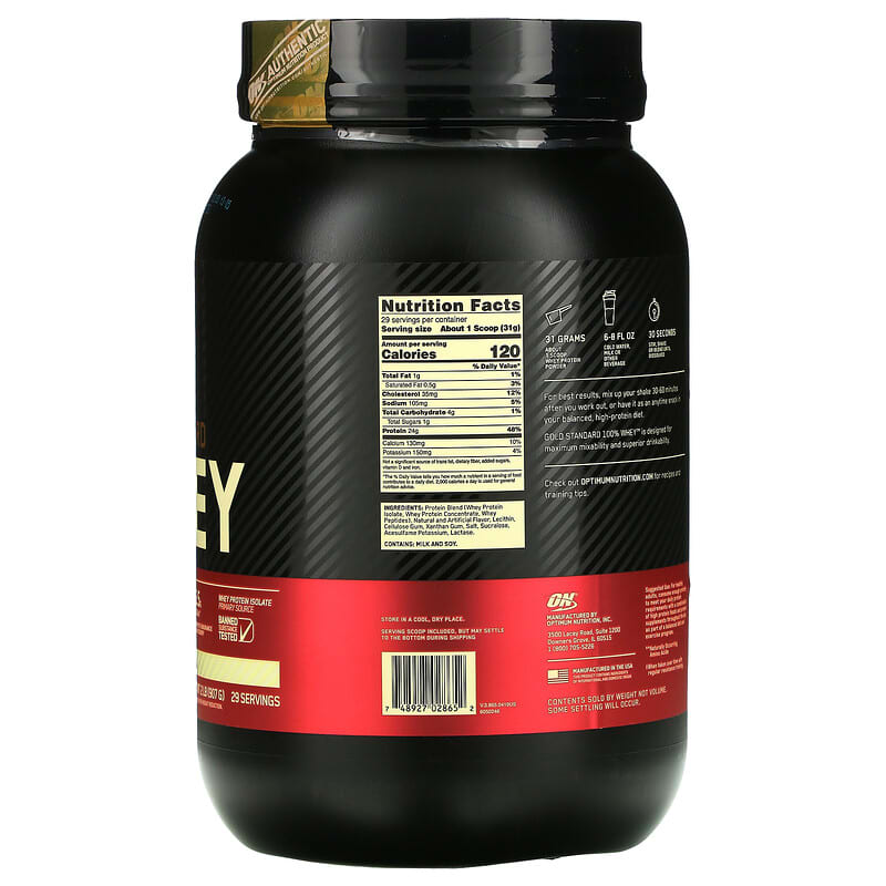 Optimum Nutrition, Gold Standard 100% Whey, Vanilla Ice Cream, 2 lb (907 g) 748927028652