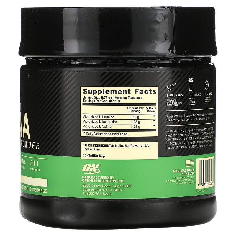 Optimum Nutrition, Instantized BCAA 5000 Powder, Unflavored, 12.16 oz (345 g) 748927025224