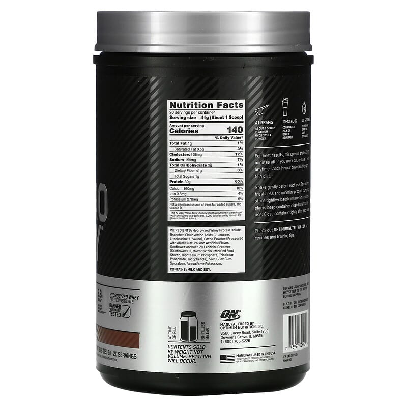 Optimum Nutrition, Platinum Hydro Whey, Turbo Chocolate, 1.8 lb (820 g) 748927026429