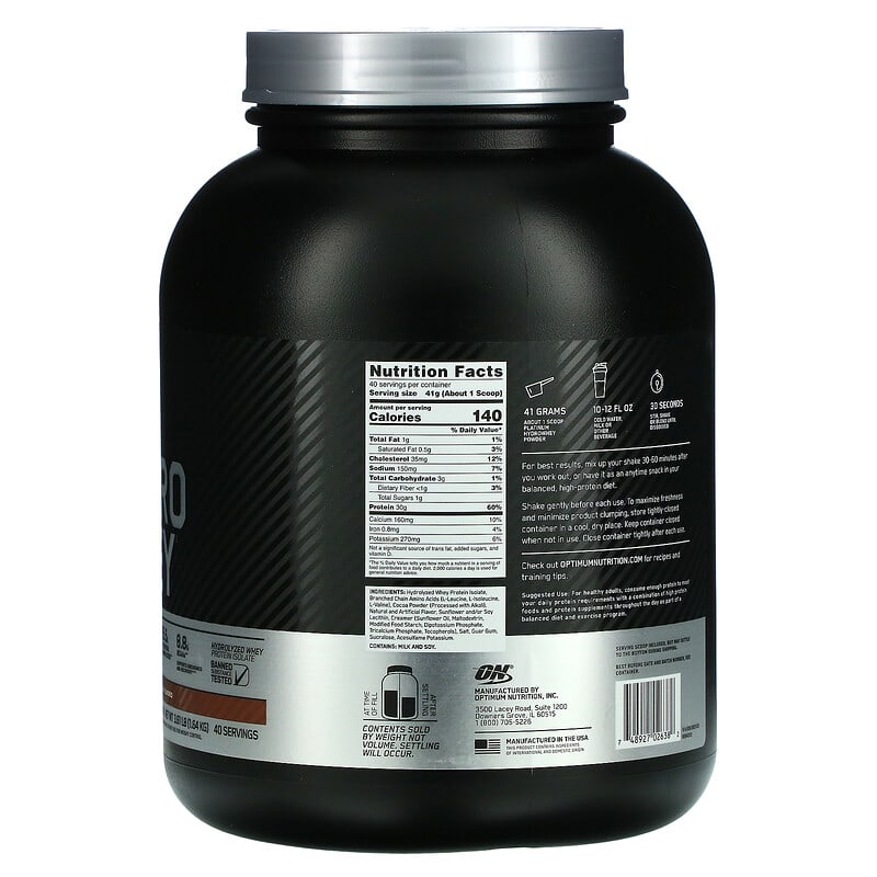 Optimum Nutrition, Platinum Hydro Whey, Turbo Chocolate, 3.61 lb (1.64 kg) 748927026382