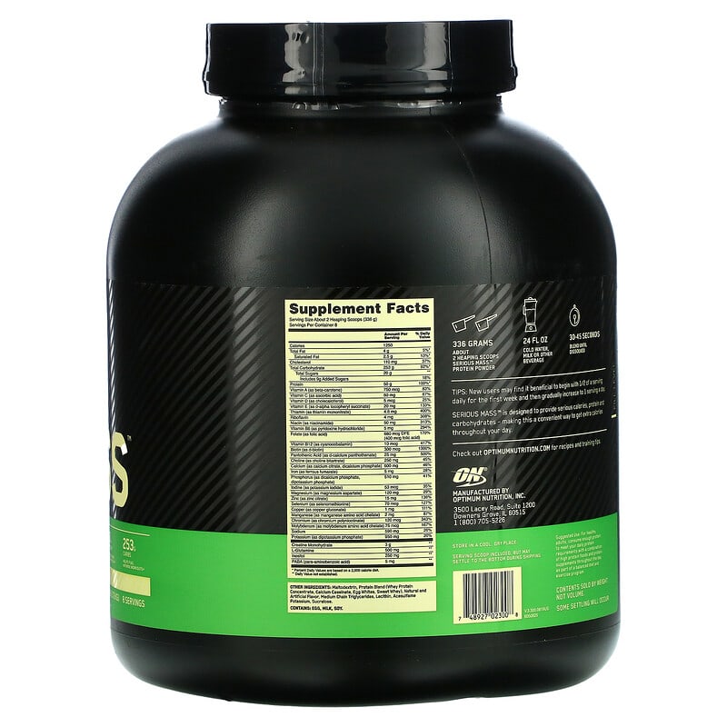 Optimum Nutrition, Serious Mass, Protein Powder Supplement, Vanilla, 6 lb (2.72 kg) 748927023008