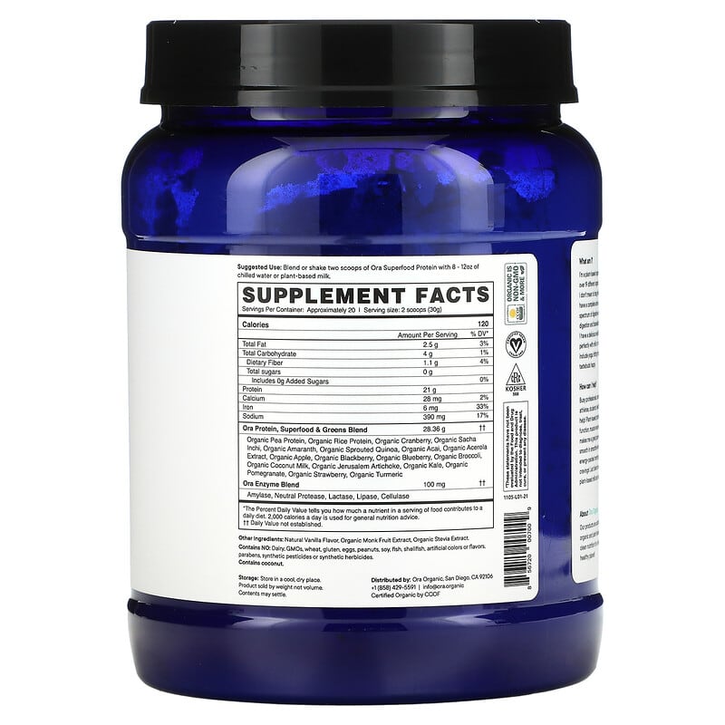 Ora, So Lean & So Clean, Plant-Based Superfood Protein, Vanilla, 21.2 oz (600 g) 856720007009