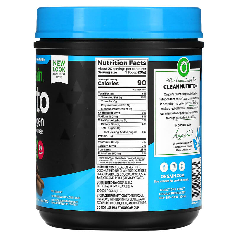 Orgain, Keto, Collagen Protein Powder, Chocolate, 14.1 oz (400 g) 851770007375
