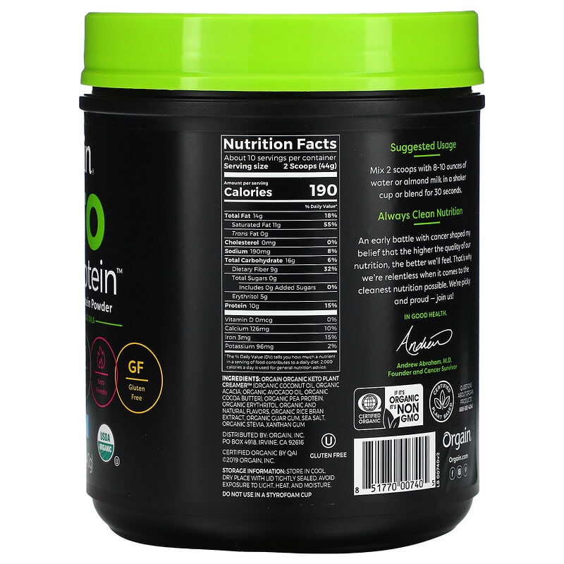 Orgain, Keto, Organic Plant Protein Powder with Coconut & Avocado Oils, Vanilla, 0.97 lb (440 g) 851770007405