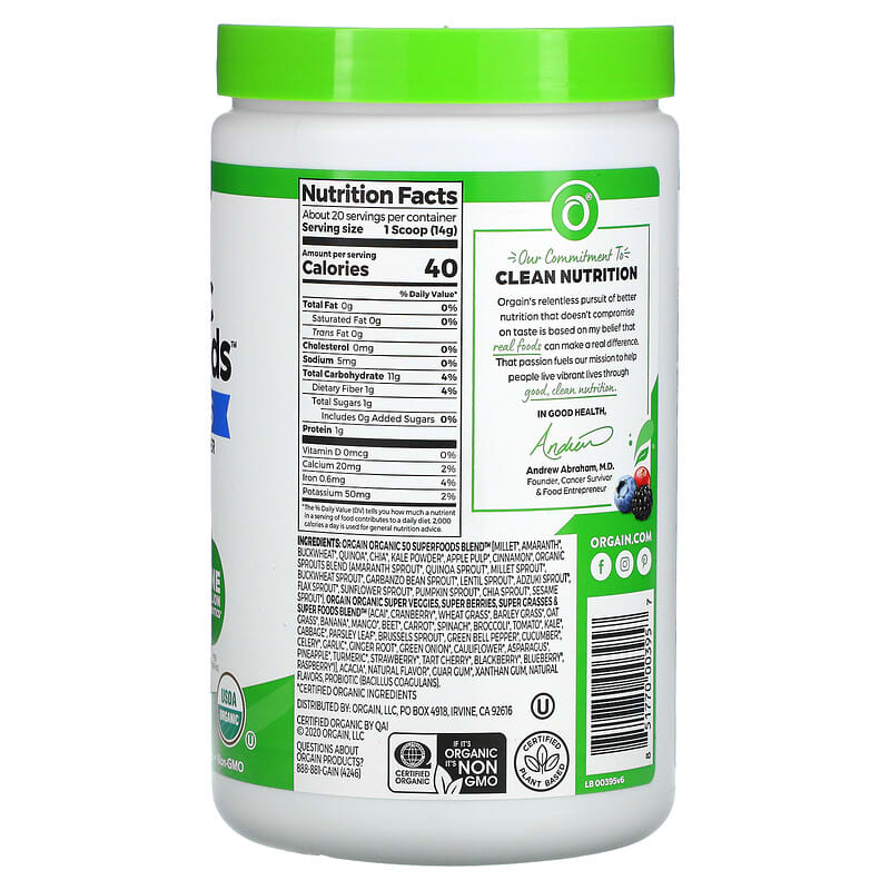 Orgain, Organic Plant-Based Superfoods + Probiotics, Original, 9.9 oz (280 g) 851770003957
