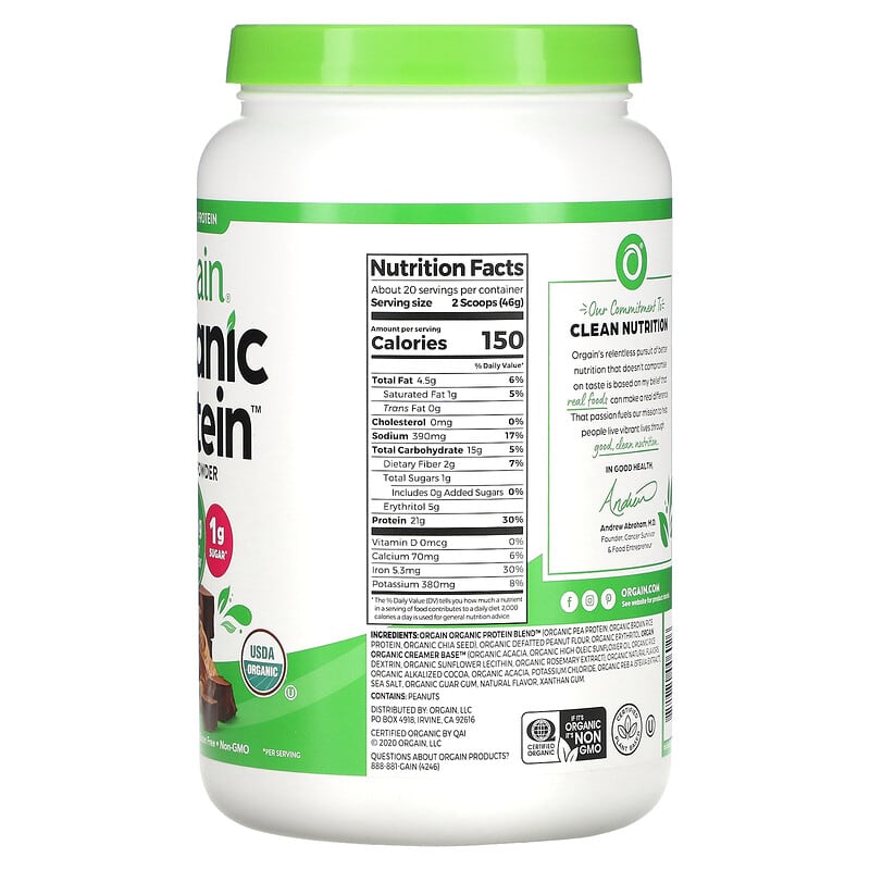 Orgain, Organic Protein Powder, Plant Based, Chocolate Peanut Butter, 2.03 lb (920 g) 851770006026