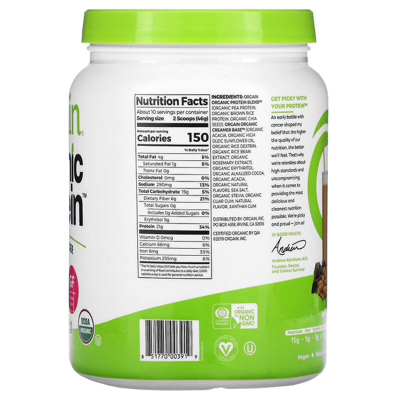 Orgain, Organic Protein Powder, Plant Based, Creamy Chocolate Fudge, 1.02 lb (462 g) 851770003919