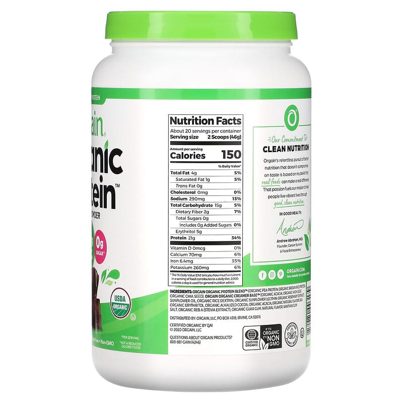 Orgain, Organic Protein Powder, Plant Based, Creamy Chocolate Fudge, 2.03 lbs (920 g) 851770003179