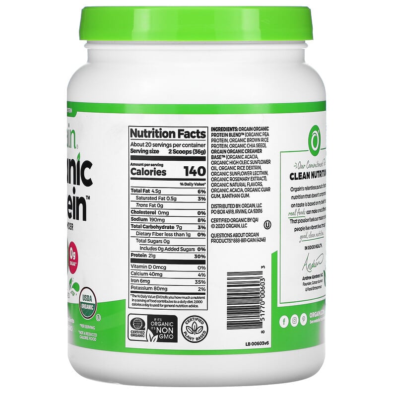 Orgain, Organic Protein Powder, Plant Based, Natural Unsweetened, 1.59 lbs (720 g) 851770006033