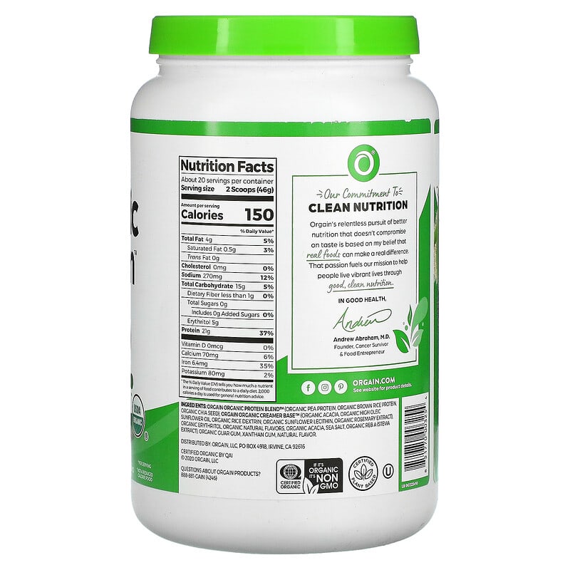 Orgain, Organic Protein Powder, Vanilla Bean, 2.03 lbs (920 g) 851770003254
