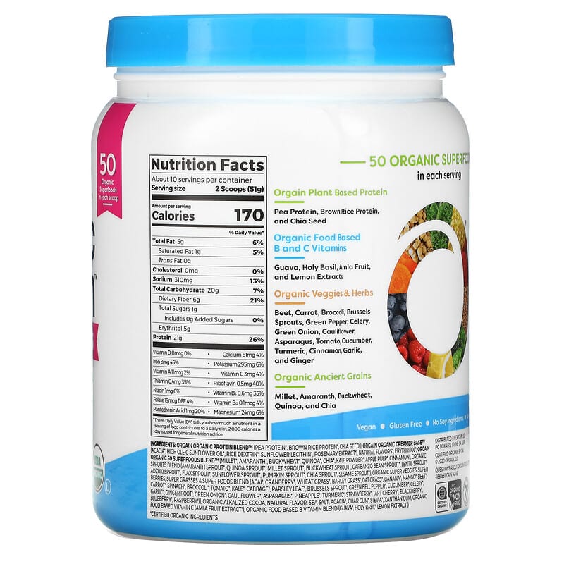Orgain, Organic Protein & Superfoods Powder, Plant Based, Creamy Chocolate Fudge, 1.12 lbs (510 g) 851770007368