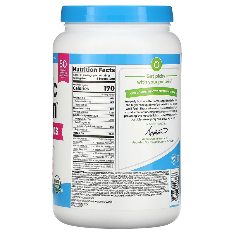Orgain, Organic Protein & Superfoods Powder, Plant Based, Creamy Chocolate Fudge, 2.02 lbs (918 g) 851770006866