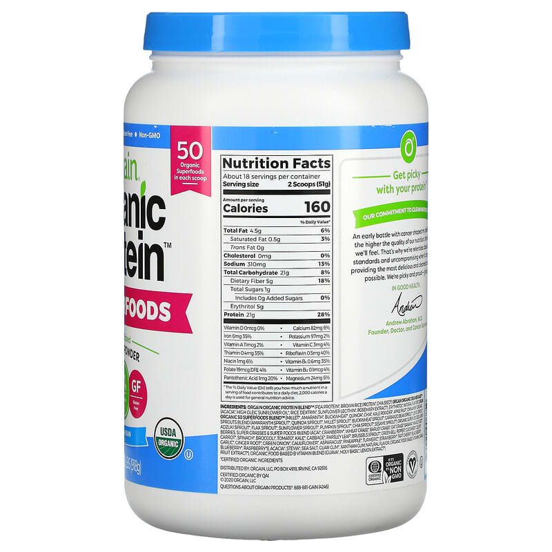 Orgain, Organic Protein & Superfoods Powder, Plant Based, Vanilla Bean, 2.02 lbs (918 g) 851770006859