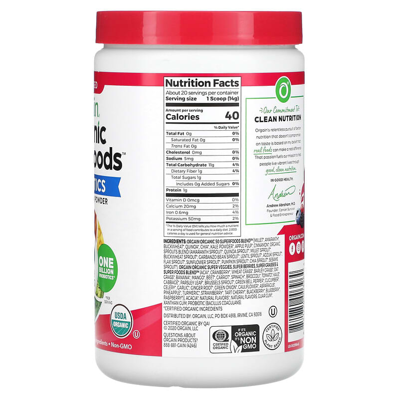 Orgain, Organic Superfoods + Probiotics Super Nutrition Powder, Berry, 9.9 oz (280 g) 851770003964