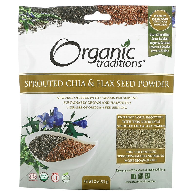 Organic Traditions Sprouted Chia & Flax Seed Powder 8 oz (227 g) 627733005883