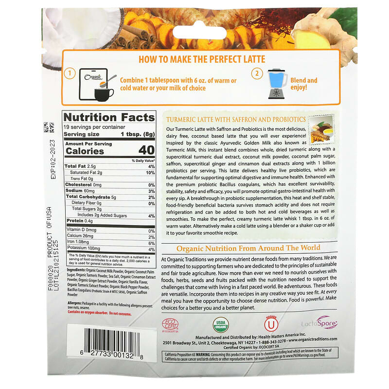 Organic Traditions, Turmeric Latte with Saffron and Probiotics, 5.3 oz (150 g) 627733001328