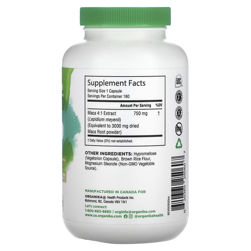 Organika, MACA, 750 mg, 180 Vegetarian Capsules 620365250607