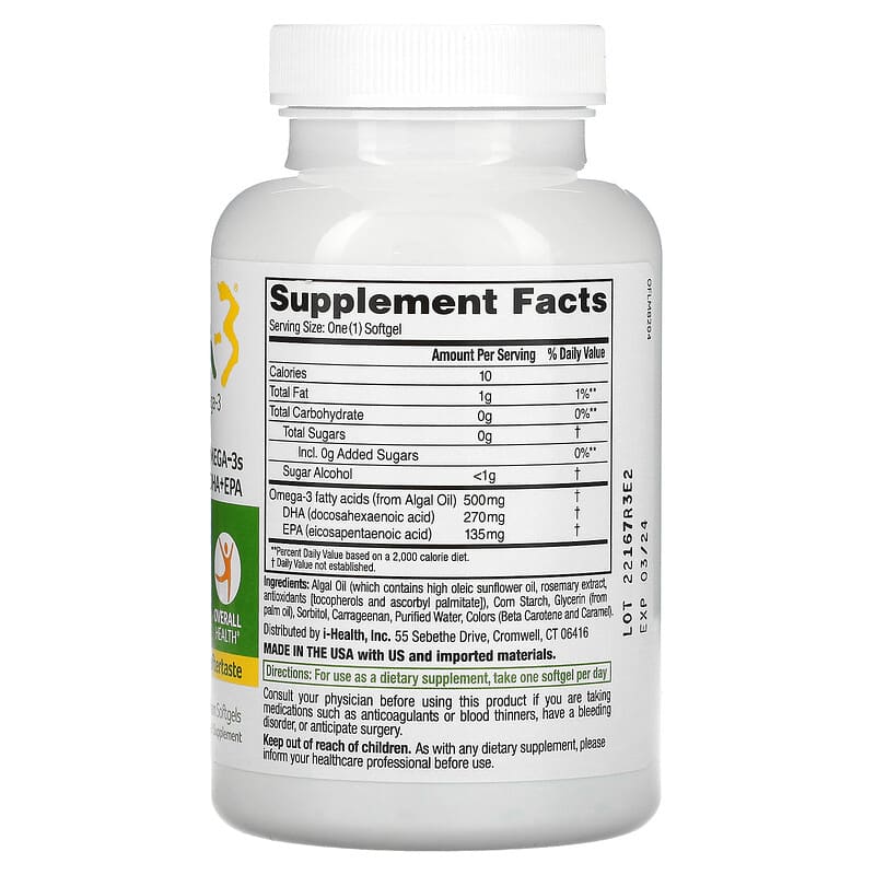 Ovega-3, Plant Based Omega-3, DHA + EPA, 500 mg, 90 Vegetarian Softgels 92961020210