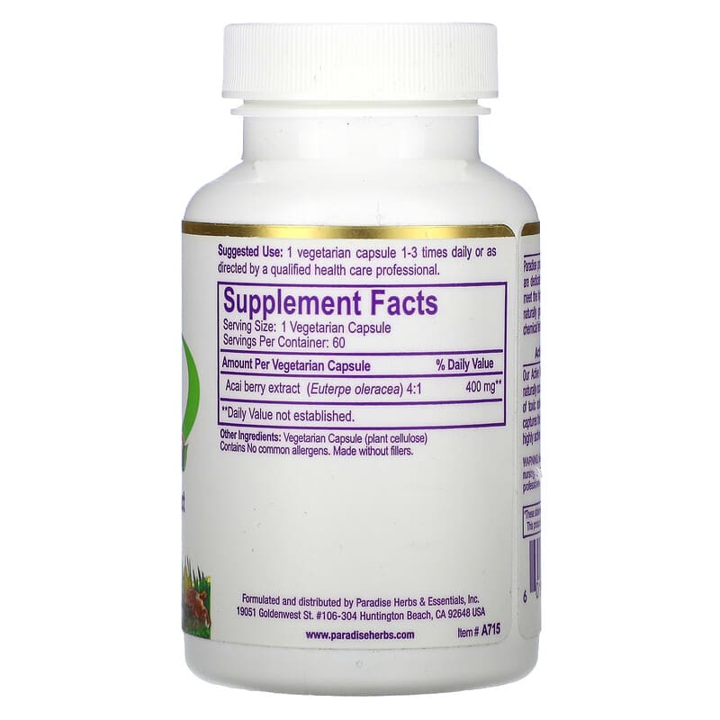 Paradise Herbs, Acai, 60 Vegetarian Capsules 601944777159