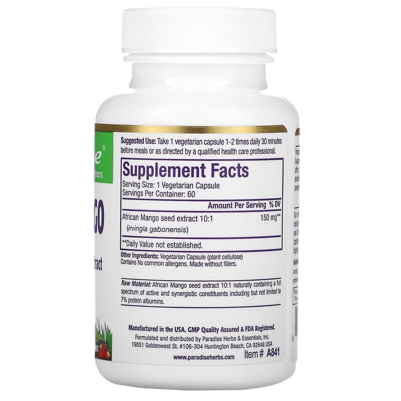 Paradise Herbs, African Mango, 60 Vegetarian Capsules 601944778415