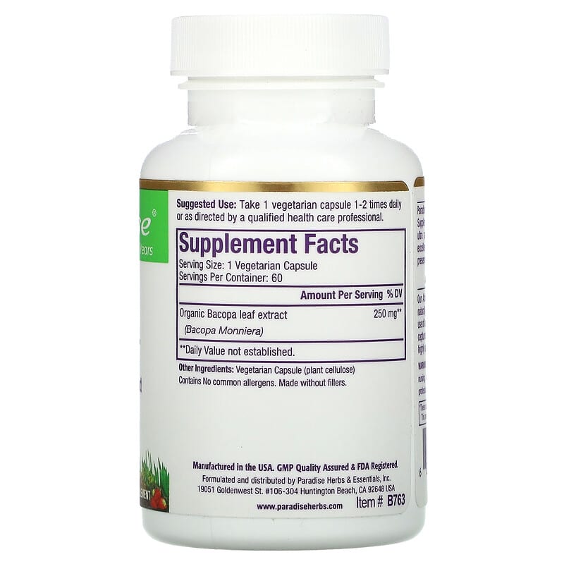 Paradise Herbs, Bacopa, 60 Vegetarian Capsules 601944777630