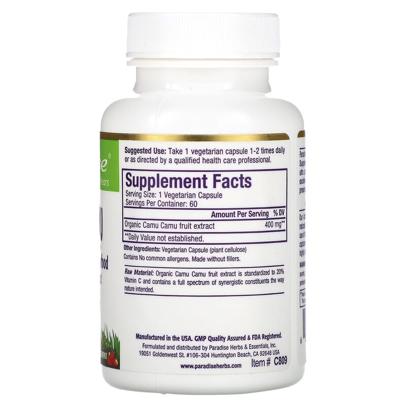 Paradise Herbs, Camu Camu, 60 Vegetarian Capsules 601944778095
