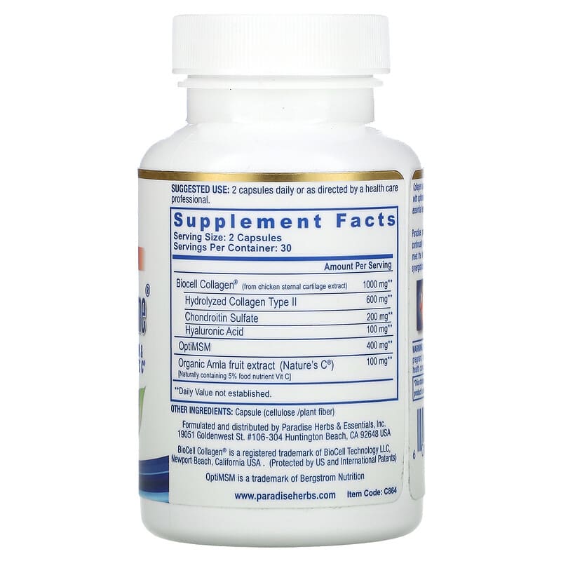 Paradise Herbs, Collagen Extreme with BioCell Collagen, OptiMSM & Nature's C, 60 Capsules 601944778644