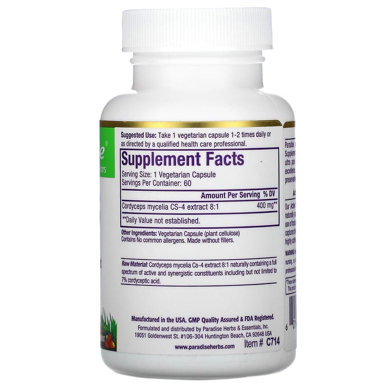 Paradise Herbs, CS-4 Strain, Cordyceps, 60 Vegetarian Capsules 601944777142