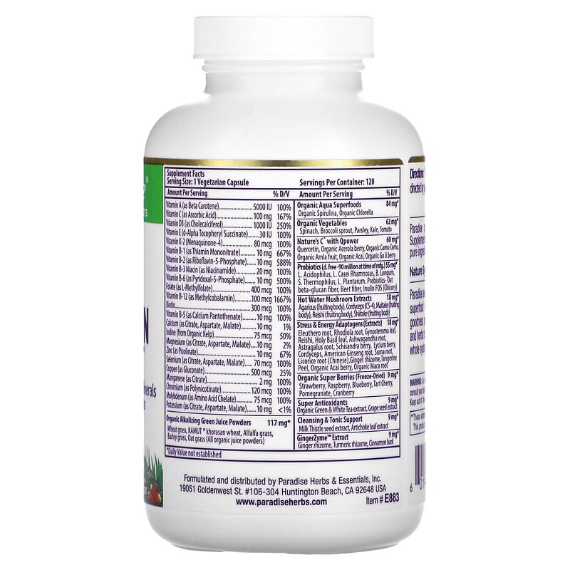 Paradise Herbs, Earth's Blend, One Daily Superfood Multi-Vitamin, No Iron, 120 Vegetarian Capsules 601944778835