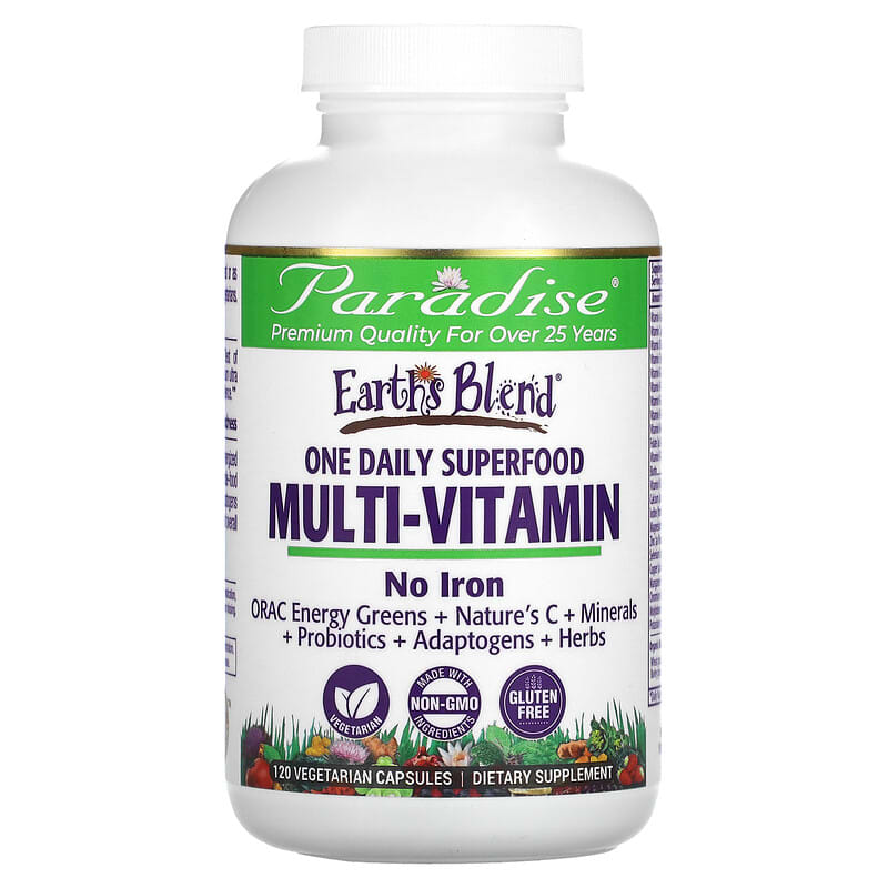 Paradise Herbs Earth's Blend One Daily Superfood Multi-Vitamin No Iron 120 Vegetarian Capsules 601944778835