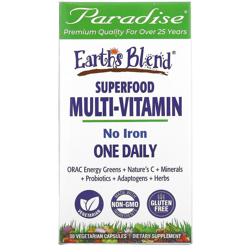 Paradise Herbs Earth's Blend One Daily Superfood Multi-Vitamin No Iron 30 Vegetarian Capsules 601944778262