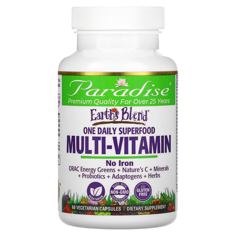 Paradise Herbs, Earth's Blend, One Daily Superfood Multi-Vitamin, No Iron, 60 Vegetarian Capsules 601944778279