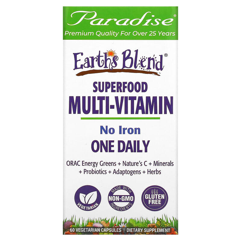 Paradise Herbs Earth's Blend One Daily Superfood Multi-Vitamin No Iron 60 Vegetarian Capsules 601944778279