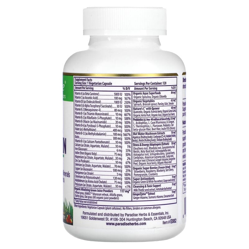 Paradise Herbs, Earth's Blend, One Daily Superfood Multi-Vitamin with Iron, 120 Vegetarian Capsules 601944778828