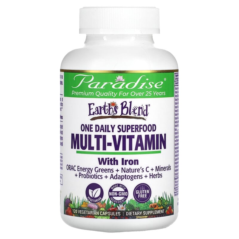 Paradise Herbs Earth's Blend One Daily Superfood Multi-Vitamin with Iron 120 Vegetarian Capsules 601944778828